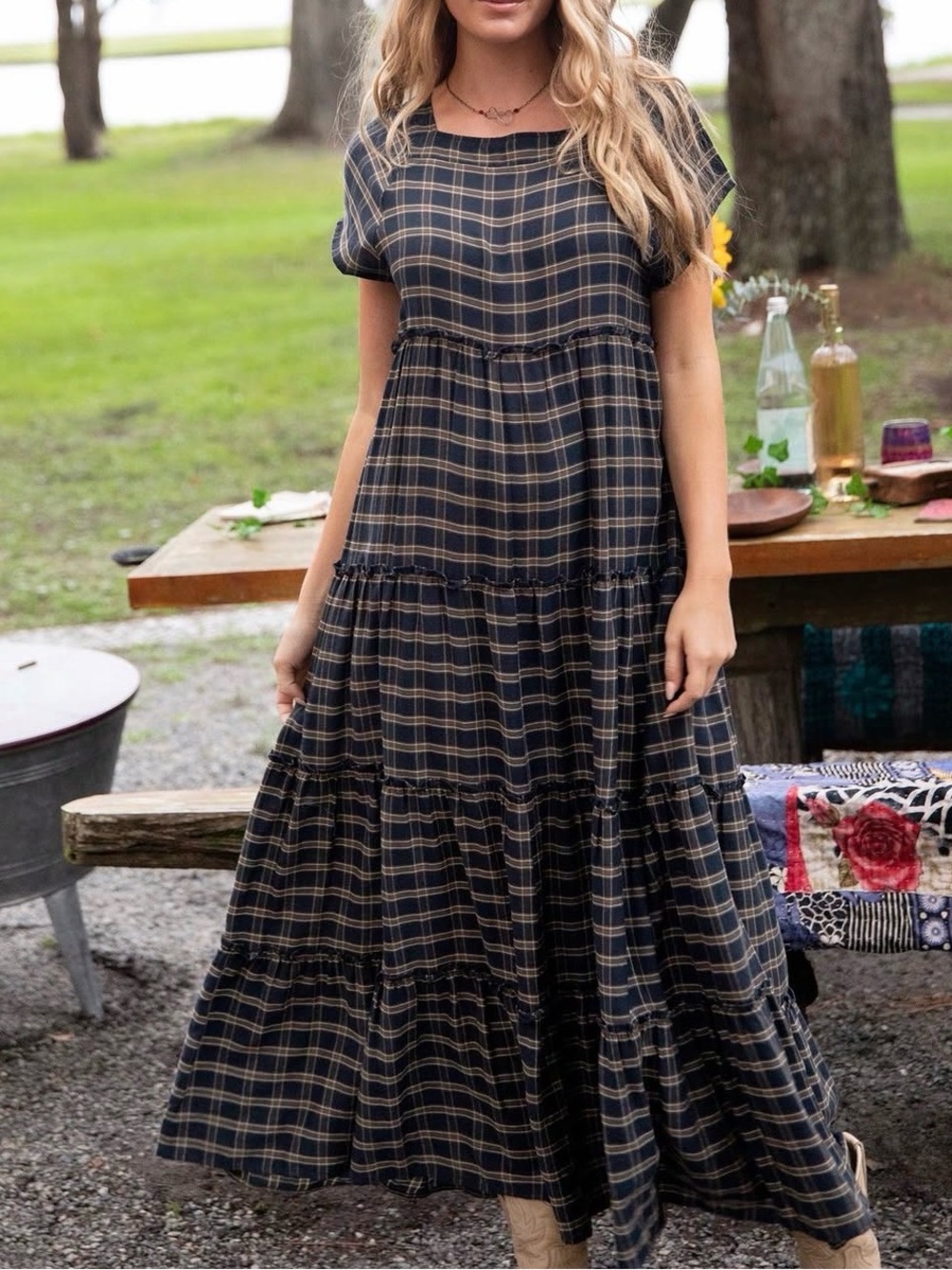 Natural Life Berkley Plaid Tiered Cotton Maxi Dress Boho Square Neck S